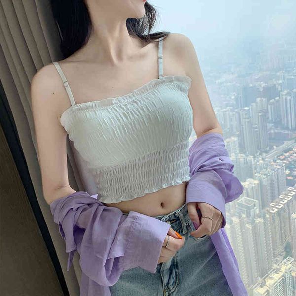 

women's tanks & camis 6 color slotted neck wrinkle bandeau vest sling tight navel wrap chest bottom shirt camisole c2sp, White