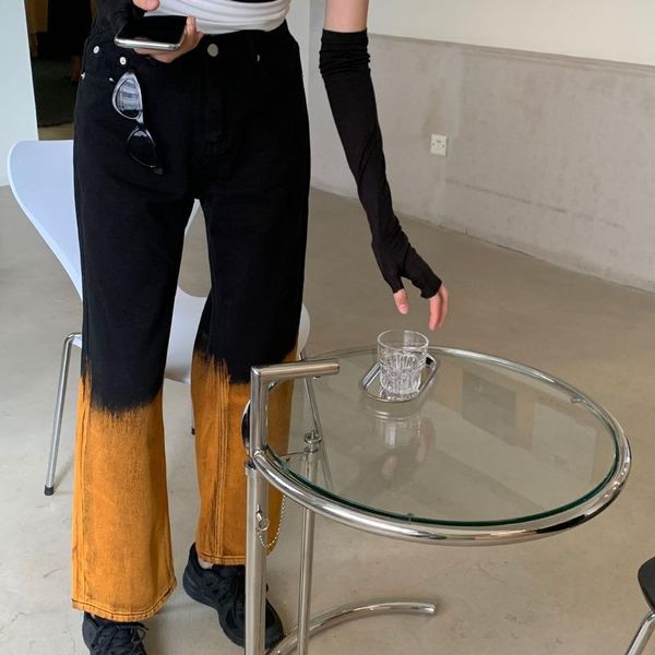 

women's jeans high-waist straight-leg pants female korean black trouser women tie-dye 2021 fall loose wide-leg, Blue