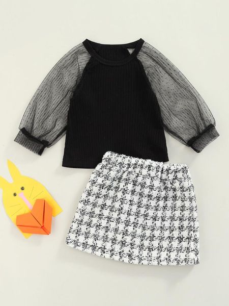 

clothing sets baby girl skirt suit long sleeve round neck see-through mesh high waist half dress for spring fall, White
