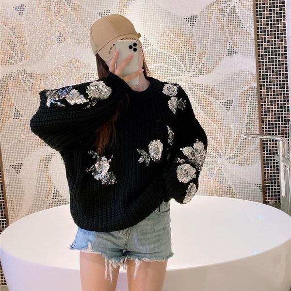 

women's sweaters runway causal knitted pullover autumn winter lantern sleeve o-neck women sweater pull femme sequins flowers korean clo, White;black