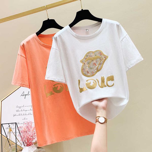 

plus size short sleeve t shirt women sequins white letter diamond summer cotton t-shirt women tee shirt femme 210604