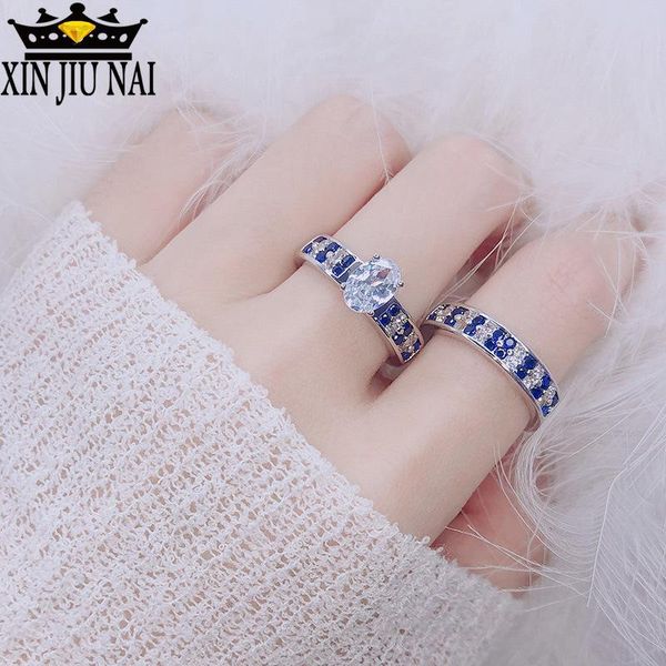 

cluster rings 2021 european and american ring oval blue white gemstone luxury zircon simple fashion ladies jewelry, Golden;silver