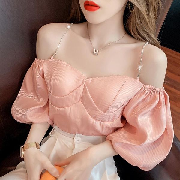 

women's blouses & shirts sweet metal chain sling blouse women satin slash neck summer lantern short sleeve slim crop harajuku, White