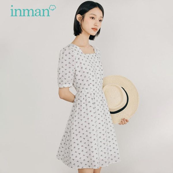 

party dresses inman summer vintage cute dress women french elegant square collar floral short sleeve high waist a-line cotton one-piece, White;black