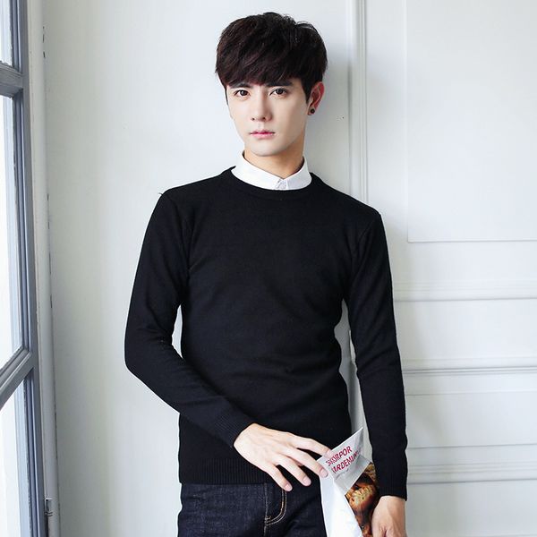 

menne men's solid color round neck classic shirt sweater men, White;black