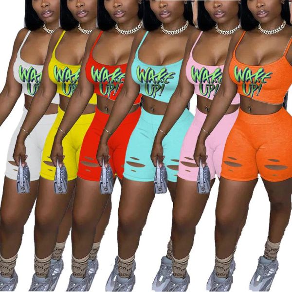 

chiclover two piece set woman wholesale suspender letter vest and holed biker shorts sets casual workout outfit drop women's tracksuits, Gray