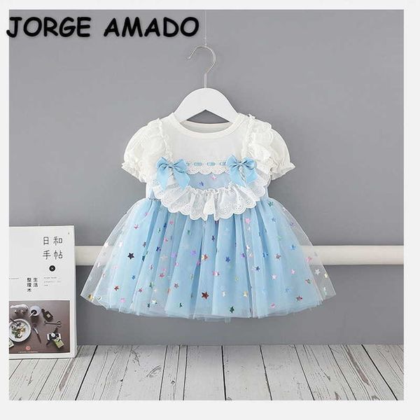 Summer Kids Girls Dress Lace Bow Starry Sky Princess Abiti Cute Style Abbigliamento per bambini E9209 210610