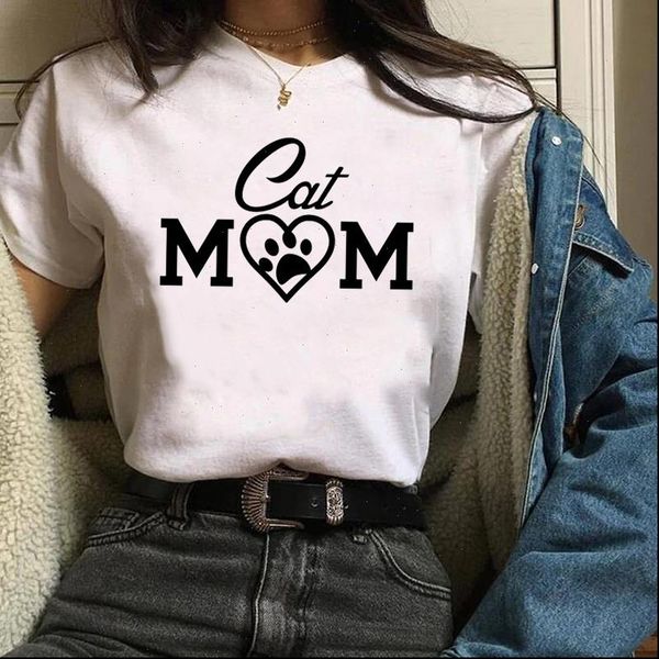 

printing print graphic letter women t shirts cat mom pet lover fashion cartoon clothes lady tees female shirt womens, White