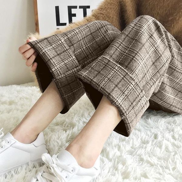 

women's pants & capris arrival winter korean style women sweet ankle-length casual loose elastic waist plaid mid flat wide leg p190, Black;white