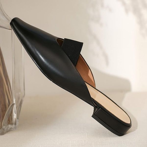

slippers 100% cow leather 1cm low heels women pointed toe summer ladies slides casual mules shoes woman, Black
