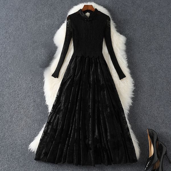 

2021 fall autumn long sleeve round neck black pure color tulle embroidery pleated mid-calf dress elegant casual dresses 21g318b451, Black;gray