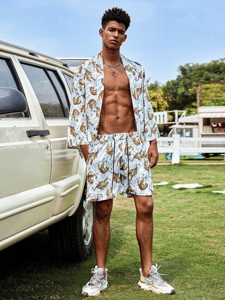 

men tiger print kimono & drawstring shorts l6wy#, Gray