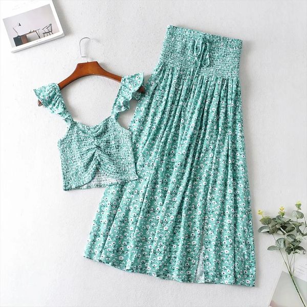 

2pcs fashion set women dress tank skirt boho floral sleeveless crop high waist pleated long maix skirts matching, White