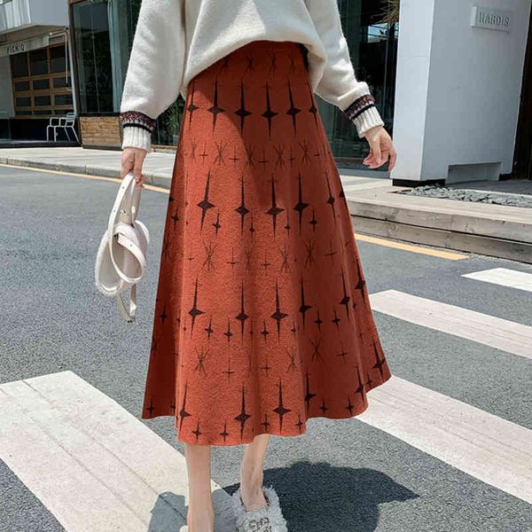 

skirts winter thick wool blend stars a-line flared knitted long 0v0d, Black