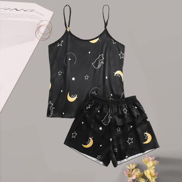 

pijama mujer cat women sleepwear summer set silk pajamas camisole two piece home clothes, Black;red