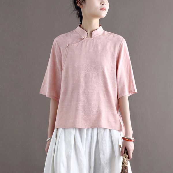 

johnature summer chinese style shirts and for women stand half sleeve blouses jacquard button vintage shirts 210521, White