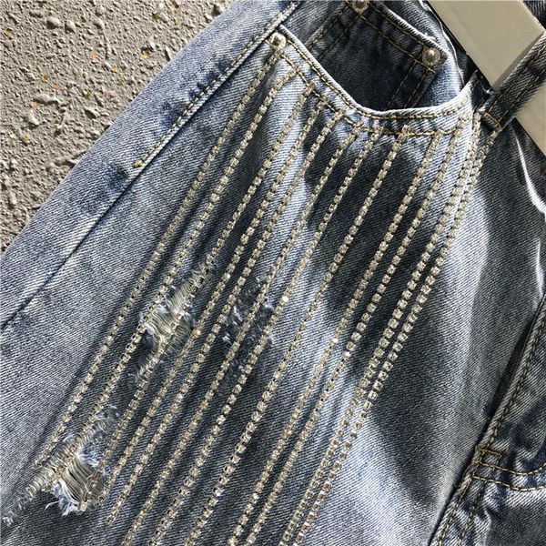 

women's jeans hole for women 2021 spring summer diamond nail drill chain high waist loose-fit with holes cowboy harem denim pants, Blue