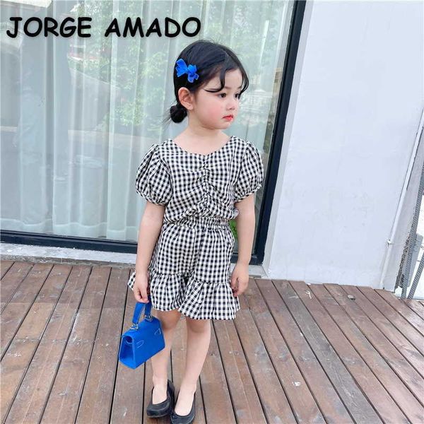 

korean style summer kids girl 2-pcs sets black plaid back bow baby shirts + elastic waist skirt children clothes e6025 210610, White