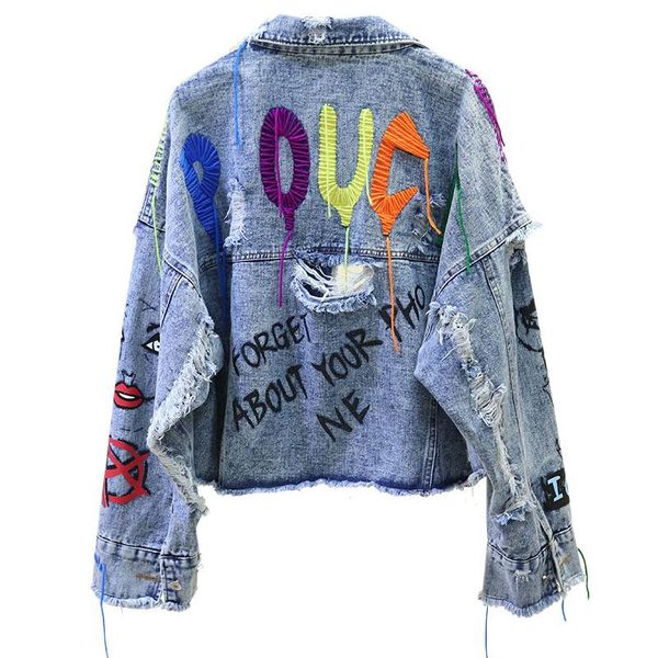 

women's jackets 2021 denim jacket spring autumn graffiti rivet jean female holes fashion girl outerwear coat, Black;brown