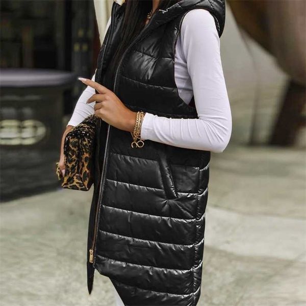 

women's long winter coat vest with hood sleeveless warm down pockets quilted jacket outdoor 211130, Black;white