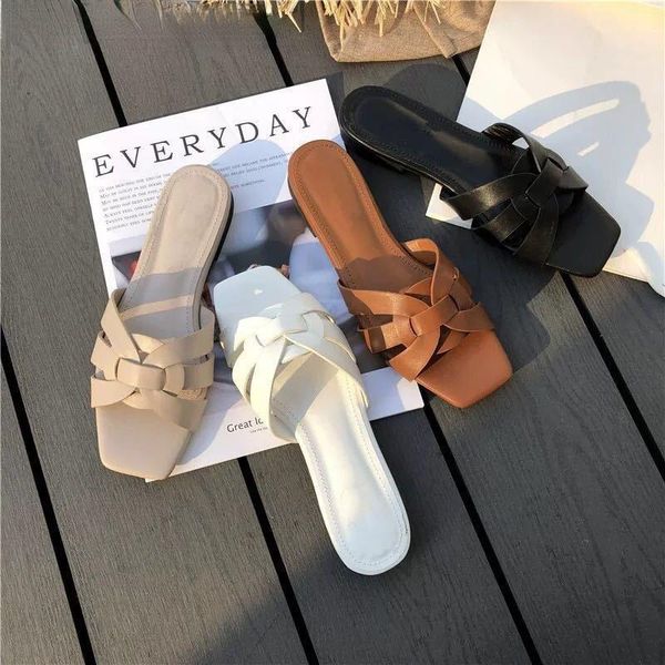 

slippers women brand summer pu concise slides open toe flat casual shoes leisure sandal female beach flip flops big size, Black