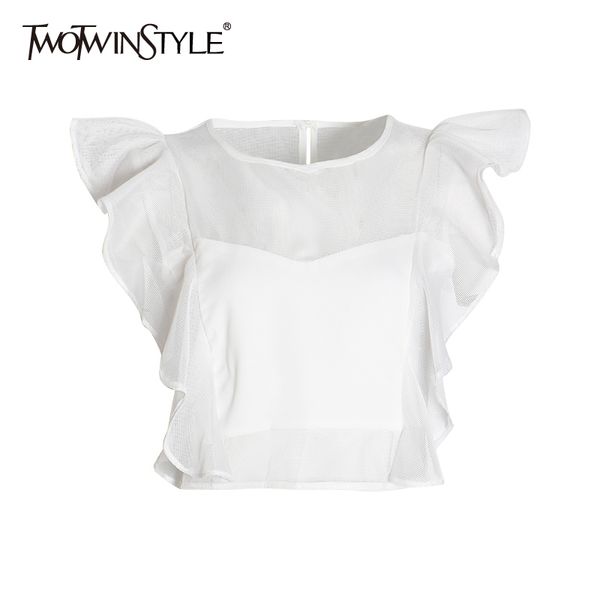 

twotwinstyle patchwork ruffle tank for women o neck sleeveless white short female fashion clothing summer 210517, Black;brown