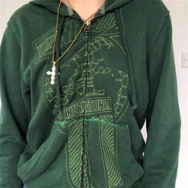 Y2K estetik kadın kapüşonlu cepler ile 90s vintage grafik baskılı zip up hoodie giysi e-kız tişörtü ilkbahar sonbahar üst 210809