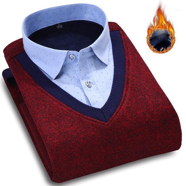 

fashion men pullover sweater winter thicken thermal sweaters casual v-neck patchwork shirt collar warm knitted slim fit1, White;black