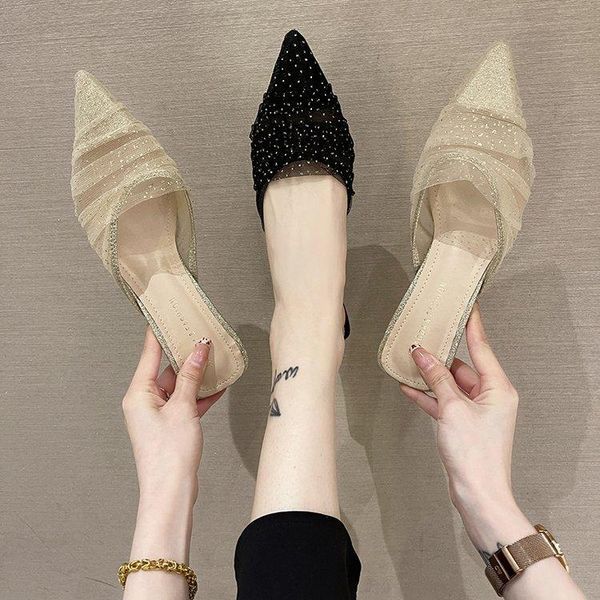 

slippers mules for women 2021 pointed toe thin heels shoes low ladies' pantofle luxury slides summer designer basic fabric r, Black