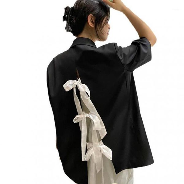 

women's suits & blazers getspring women blazer bandage bow black long and jackets irregular hollow out oversize suit coats spring/autum, White;black