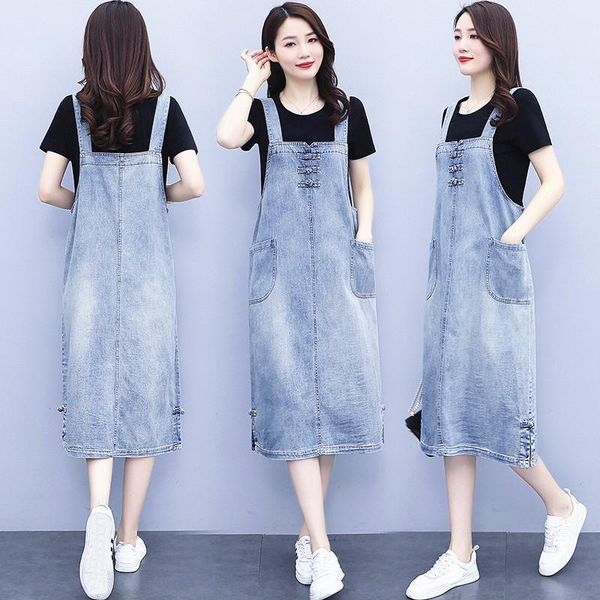 

casual dresses summer autumn women denim midi dress sundresses korean loose sleeveless overalls female spaghetti strap long jeans, Black;gray