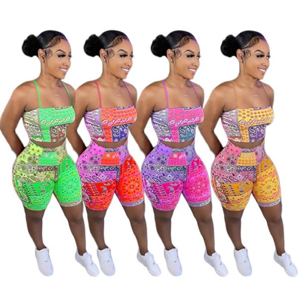 

women's tracksuits bandanna paisley print two piece set woman spaghetti strap crop and knee length pants tracksuit 2021 summer fashion, Gray