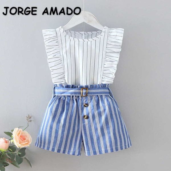 

summer girl 2-pcs sets white striped sleeveless shirts + high waist shorts with sashes kids outfits e238 210610