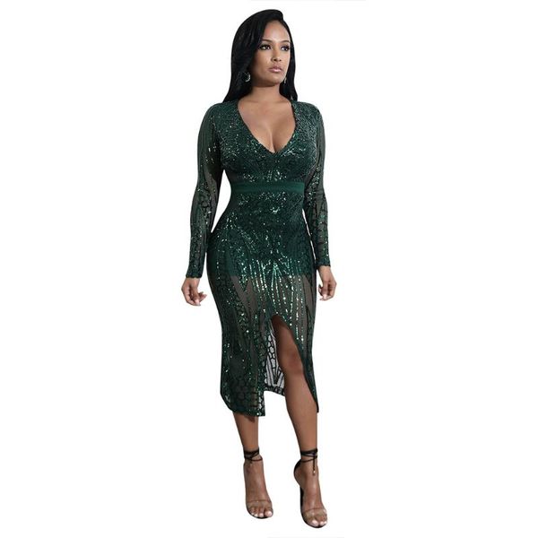 

casual dresses elegant sequined midi dress women v neck hem split vintage long sleeve mesh patchwork bodycon vestidos, Black;gray