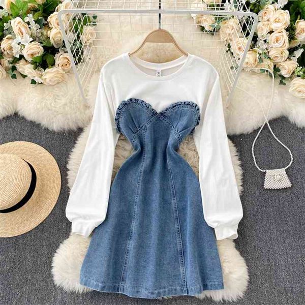 

spring arrivals long sleeve contrast color round collar spliced bra fashion vintage women denim dress mz851 210525, Black;gray