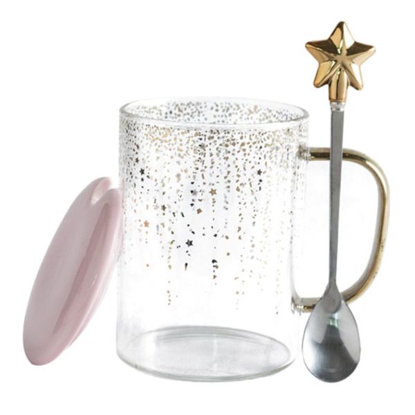 

set 450ml glass coffee mug water star drinking cup with spoon lid ) mugs