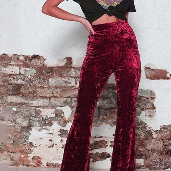 

women womens capris pant high waist elastic crushed velvet flare ladies casual bell bottoms arrival trousers wdc4134, Black;white