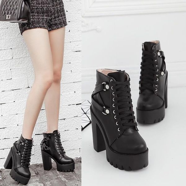 

boots autumn and winter 2021 korean fashion women's round head lace up platform thick heel short high, Black