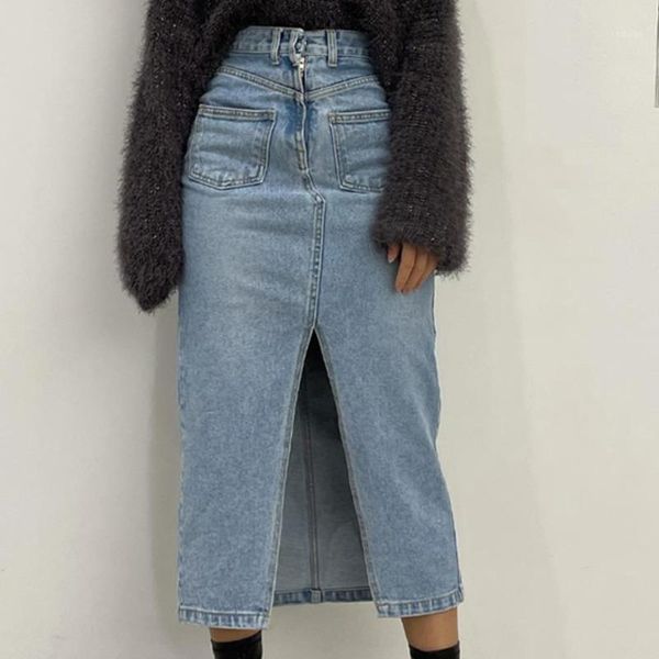 

skirts [ewq] blue pockets casual slim high waist half-body denim a-line split skirt women fashion tide spring summer 2021 2f0596, Black