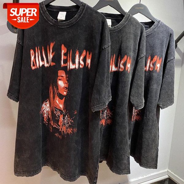 

streetwear men high street hip-hop portrait printing retro wash water distressed round neck short-sleeved t-shirt #sl3x, White;black