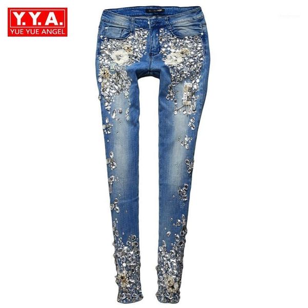

women's jeans fashion vintage plus size women luxury embroidered flares diamond denim beaded skinny slim fit stretch pencil pants, Blue