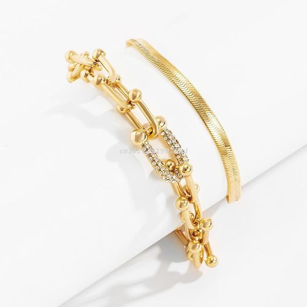 

link, chain fashion trend diamond u-shaped buckle bracelet set european and american jewelry hip-hop metal flat snake, Black