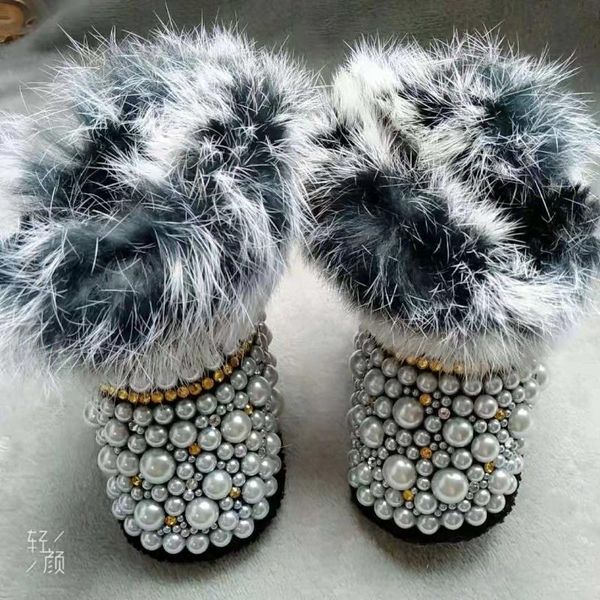

boots dollbling crystal diamond baby snow boot warm furry anti-slip bling rhinestones pearls gift keepsake handmade beading shoes, Black;grey