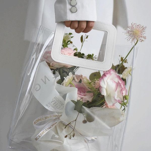 

gift wrap portable handbags transparent tote bag with handle pvc waterproof packaging flower box for christmas decor