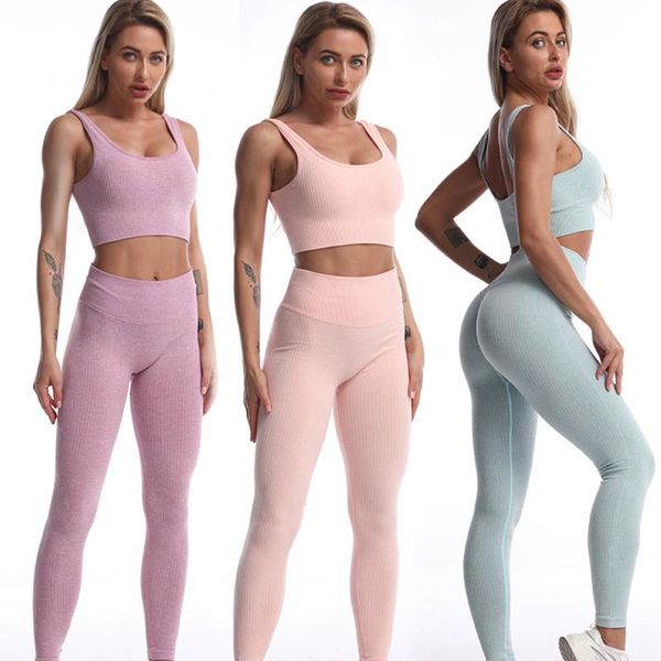 

yoga outfit 2 piece seamless set workout clothes for women ribbed gym sports bras pants clothing