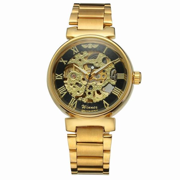 

watch men's skeleton automatic mechanical gold retro wristwatches, Slivery;brown
