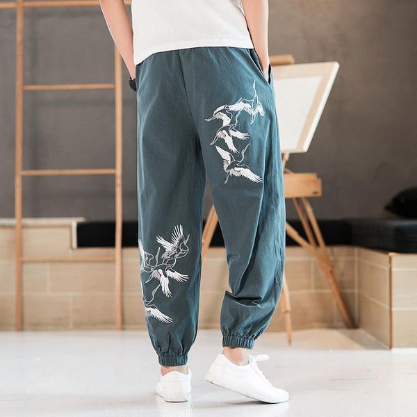 

men's pants men cotton linen for joggers sweatpants linens summer casual chinese style streetwear embroidered breathable, Black