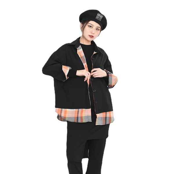 

women's jackets loose fit black plaid stitch big size lapel long sleeve coat fashion tide spring autumn 2021 coats clothing, Black;brown