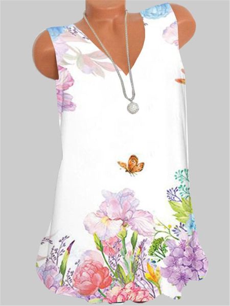 

women's t-shirt sleeveless women casual large size v-neck printed top, White