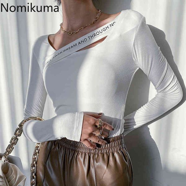 

nomikuma letter printed slim fit tshirt women casual basic female autumn long sleeve t shirts korean fashion 3d283 210514, White